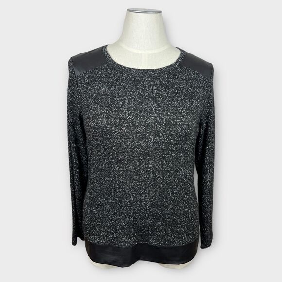 Chico's Size 2 US Large Black Silver Metallic Sweater Faux Leather Shoulders - Picture 1 of 9